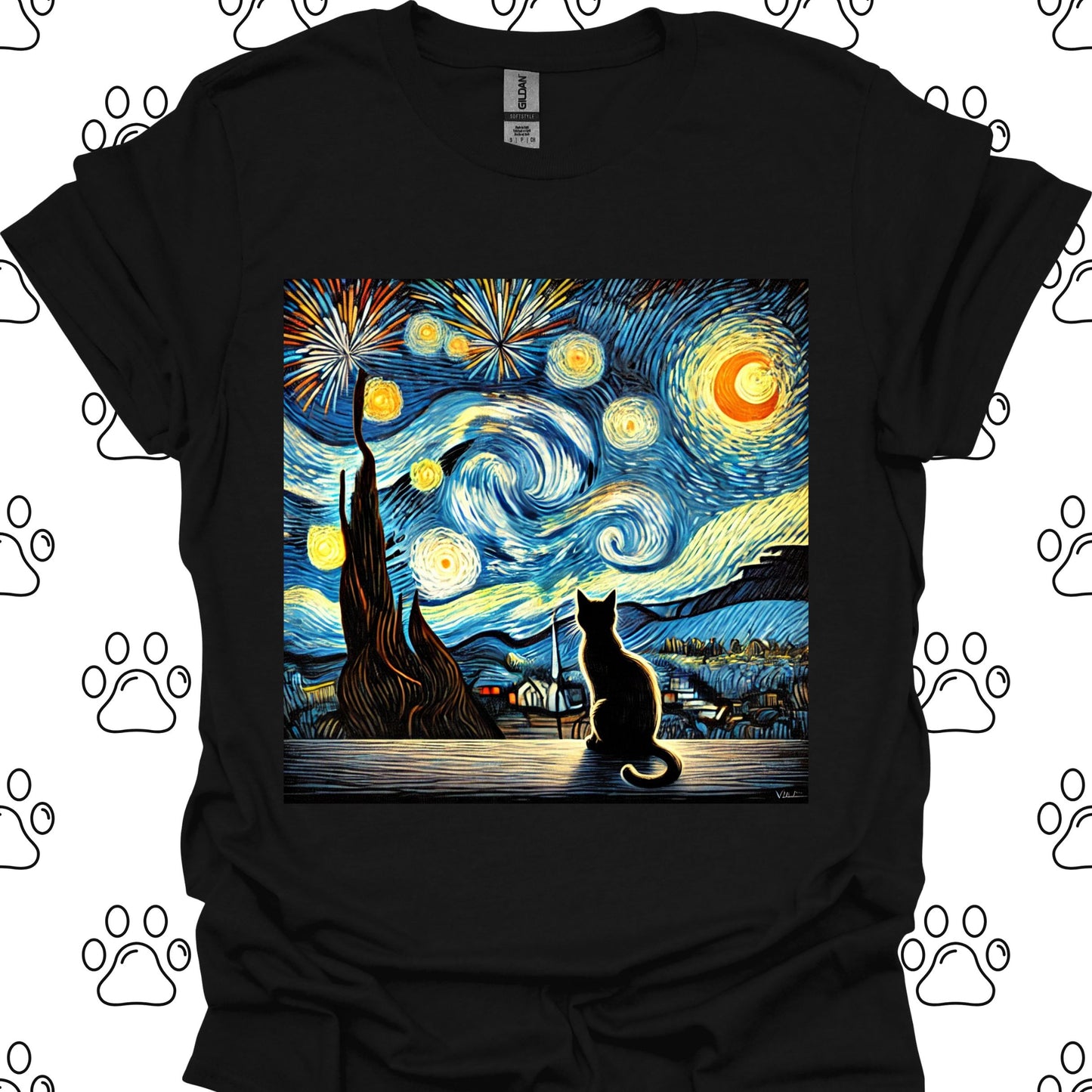 Starry Night Fireworks Cat Silhouette T-Shirt