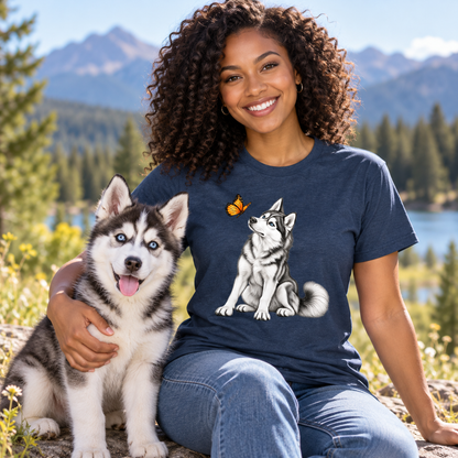 Blue-Eyed Siberian Husky Butterfly T-Shirt