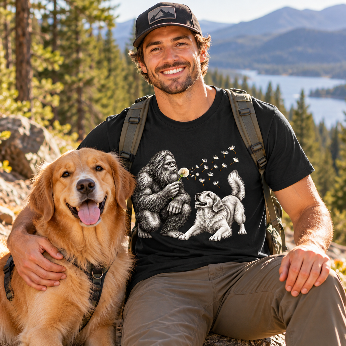 Bigfoot and Golden Retriever Dandelion T-Shirt