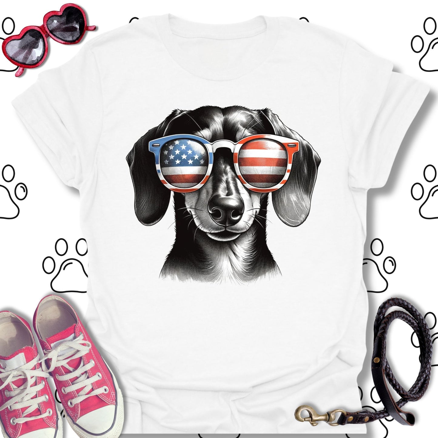 Dachshund Patriotic Flag Sunglasses T-Shirt
