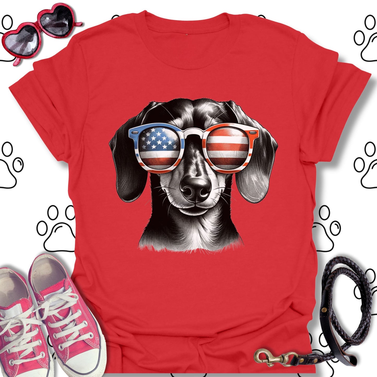 Dachshund Patriotic Flag Sunglasses T-Shirt
