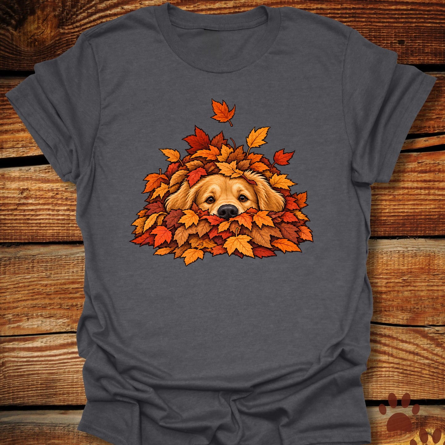 Golden Retriever Leaf Pile T-Shirt - Front & Back Print