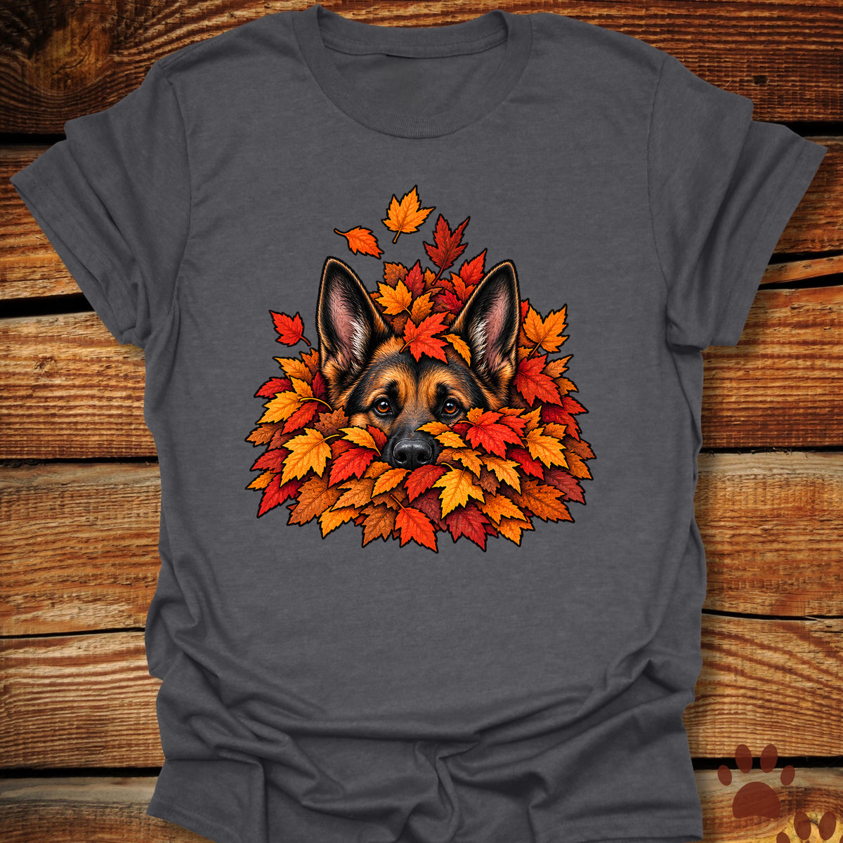 German Shepherd Leaf Pile T-Shirt - Front & Back Print