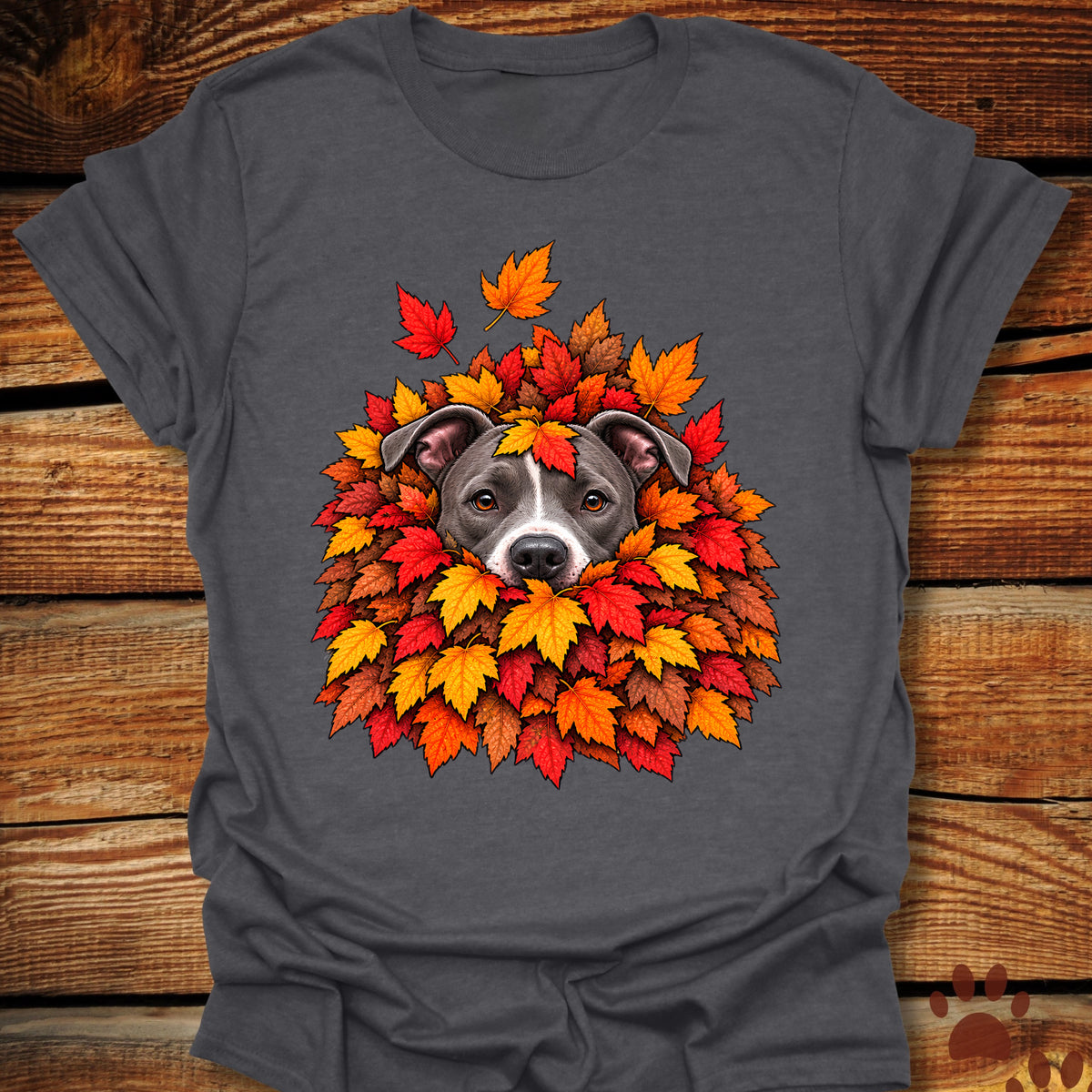 Pitbull Leaf Pile T-Shirt - Front & Back Print