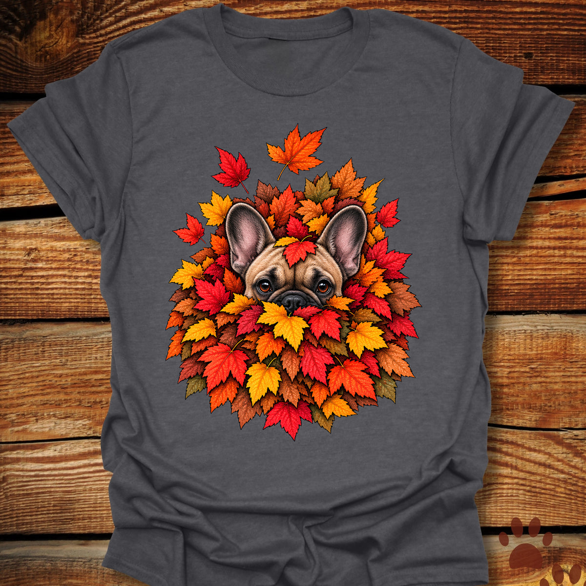 French (Frenchie) Bulldog Leaf Pile T-Shirt - Front and Back Print