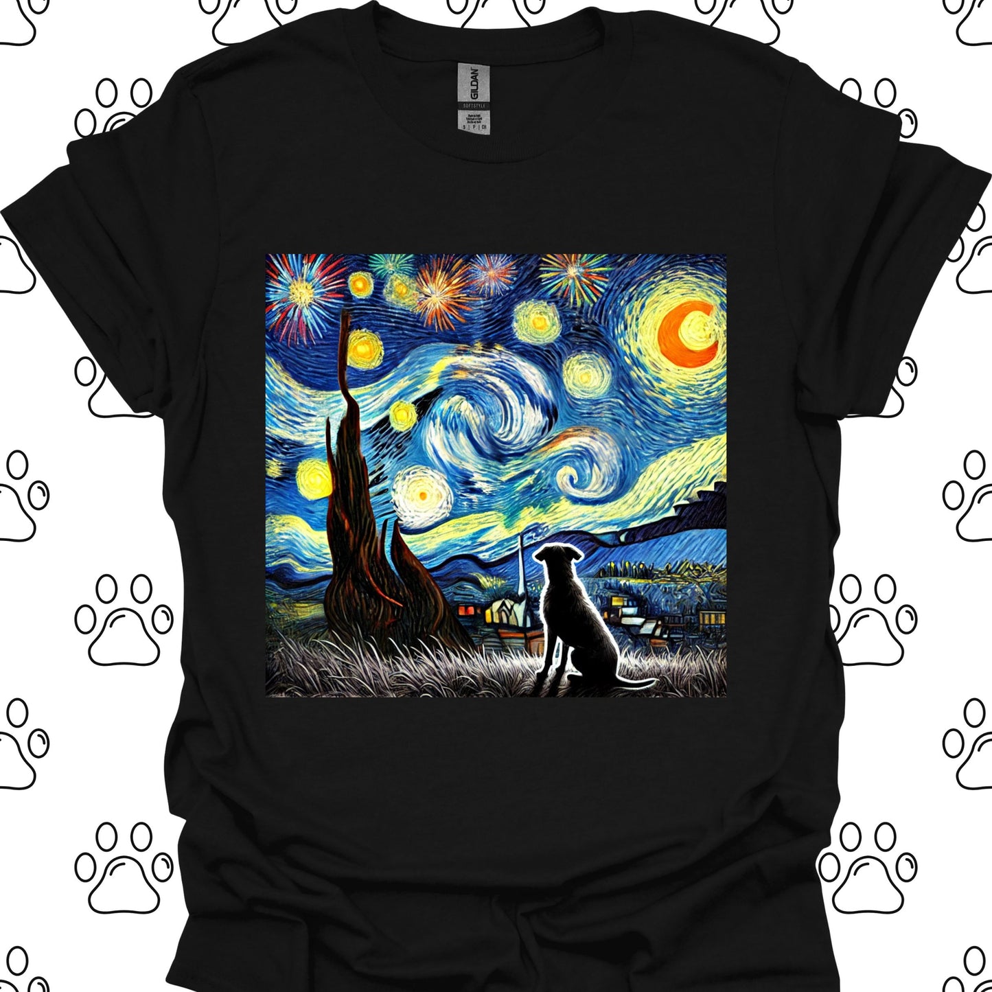 Starry Night Fireworks Dog Silhouette T-Shirt