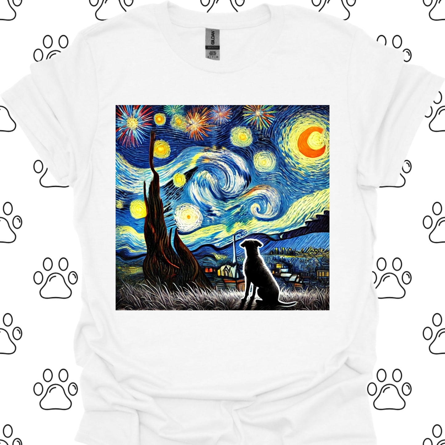 Starry Night Fireworks Dog Silhouette T-Shirt