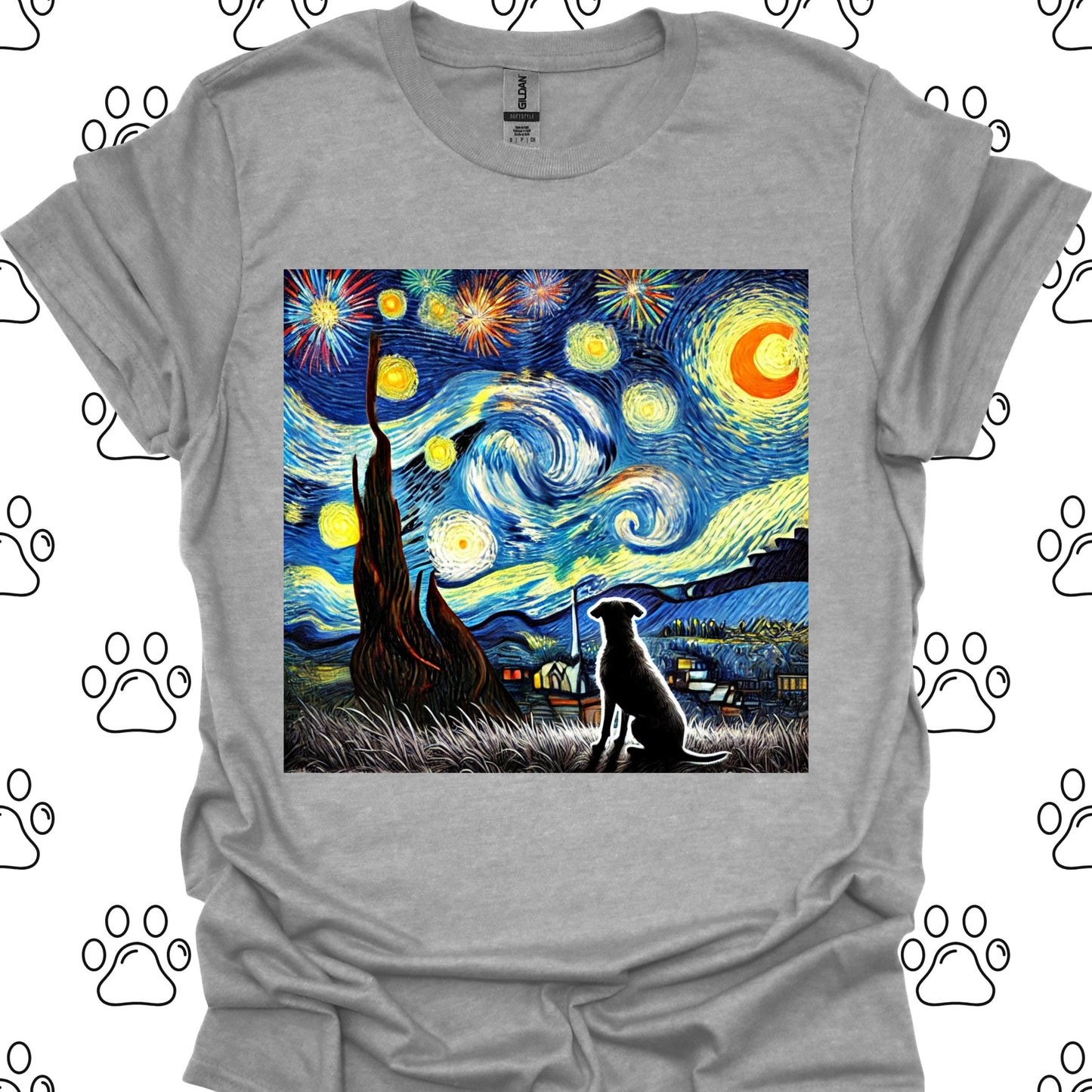 Starry Night Fireworks Dog Silhouette T-Shirt