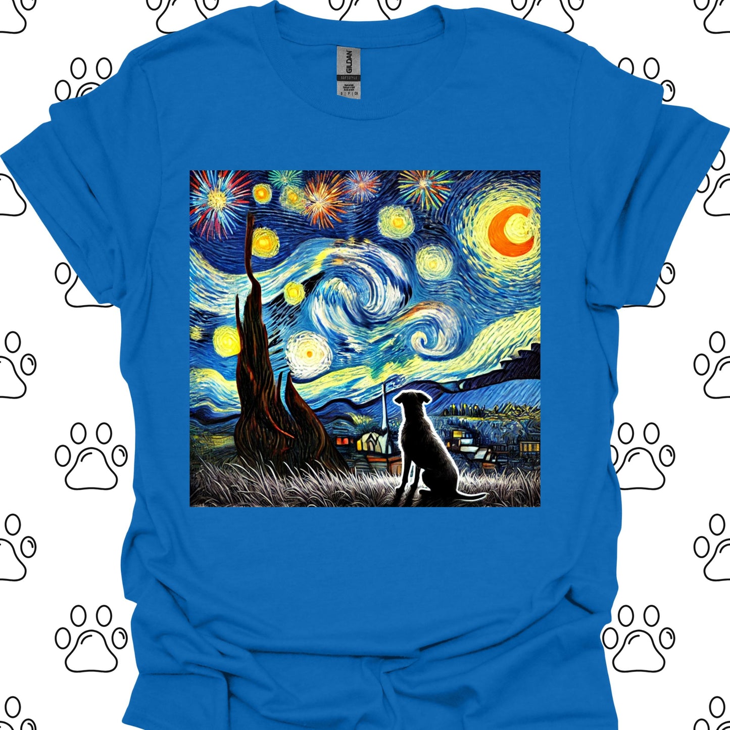 Starry Night Fireworks Dog Silhouette T-Shirt