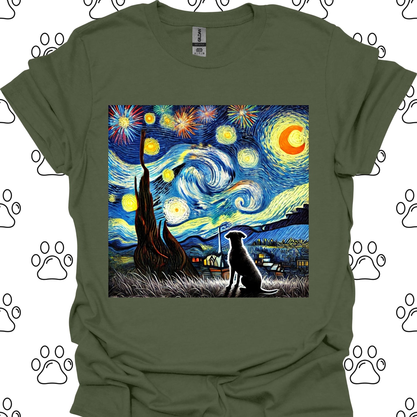 Starry Night Fireworks Dog Silhouette T-Shirt