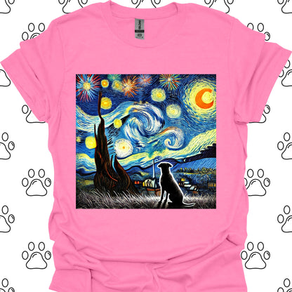 Starry Night Fireworks Dog Silhouette T-Shirt