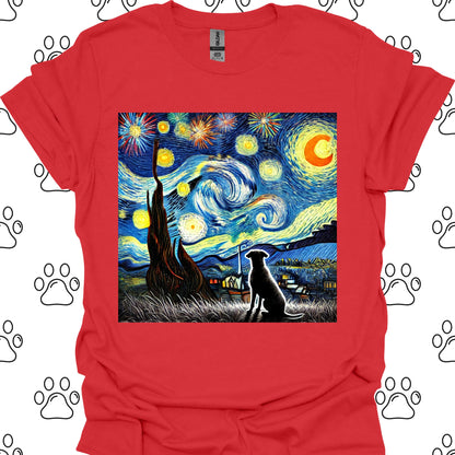 Starry Night Fireworks Dog Silhouette T-Shirt