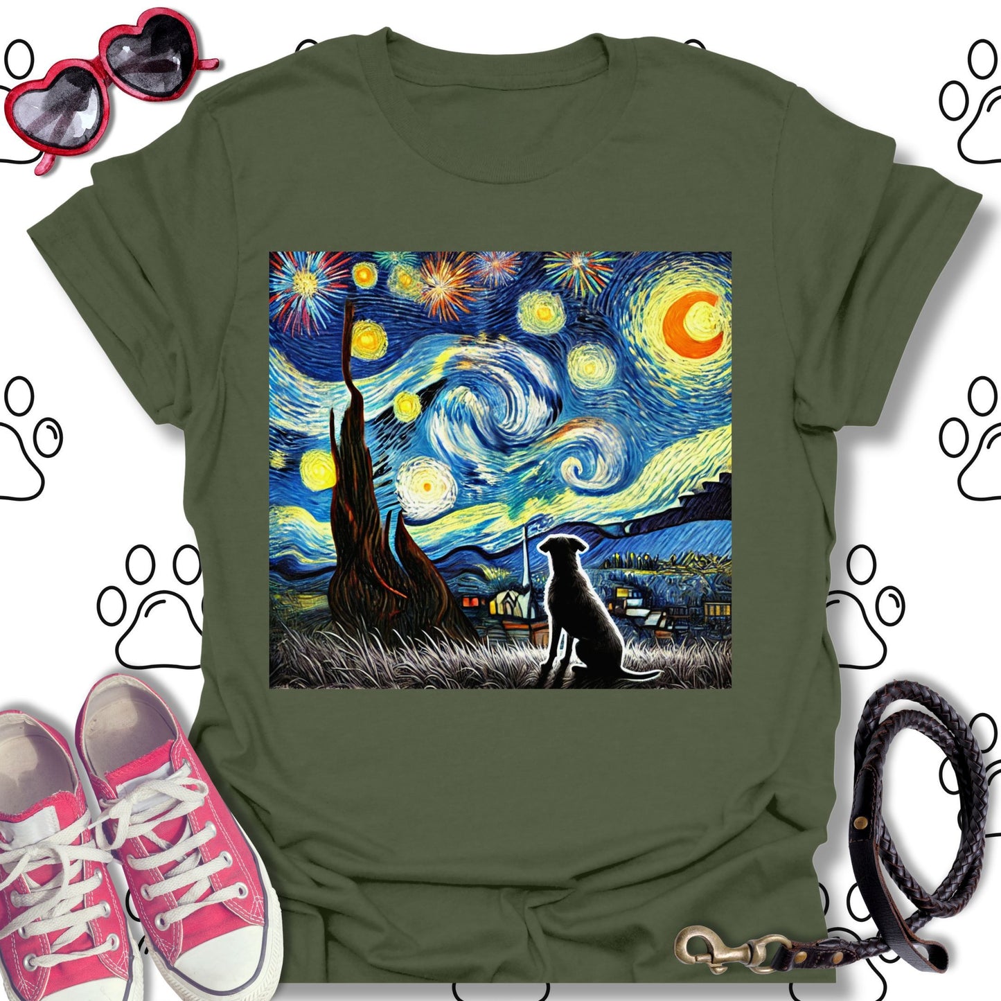 Starry Night Fireworks Dog Silhouette T-Shirt