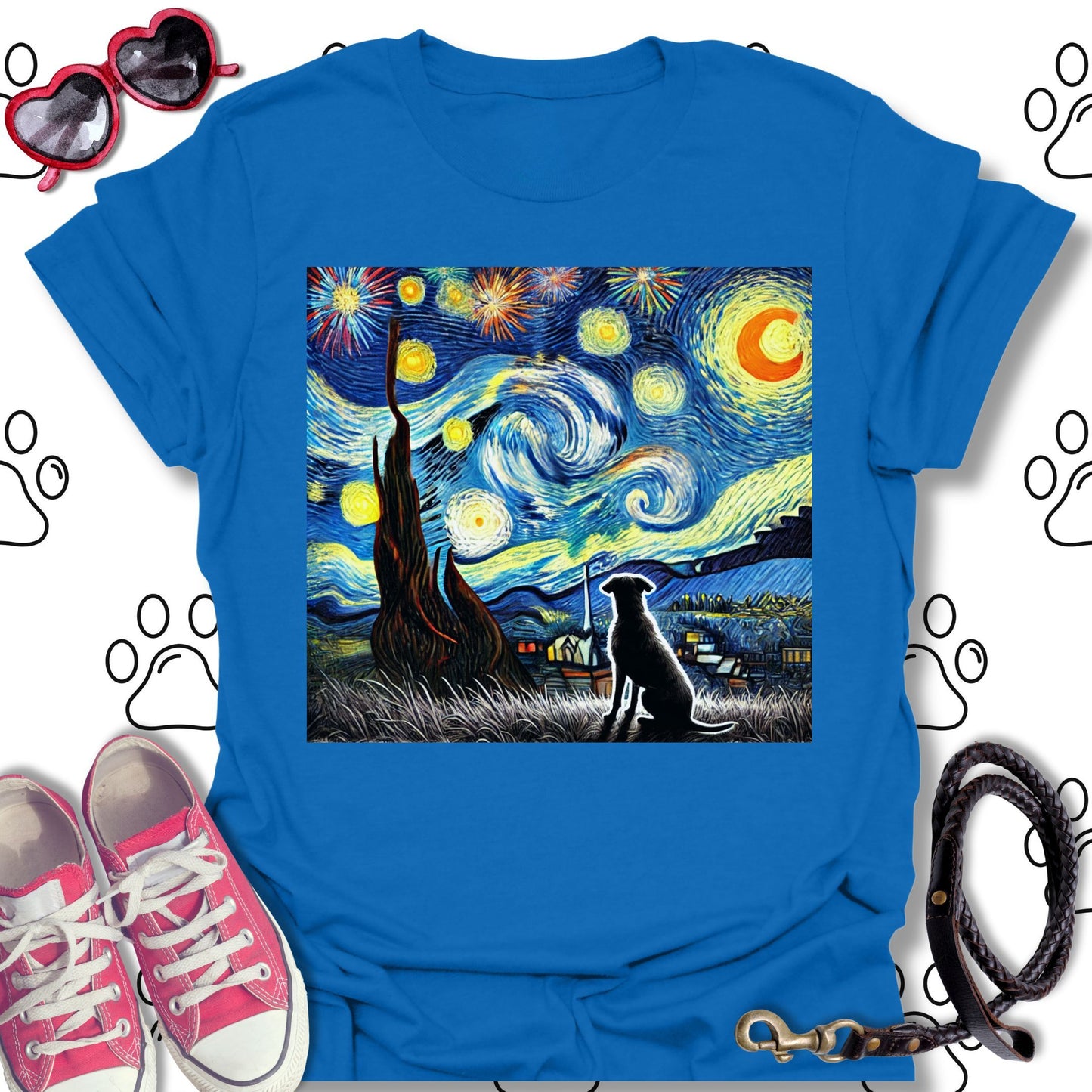 Starry Night Fireworks Dog Silhouette T-Shirt