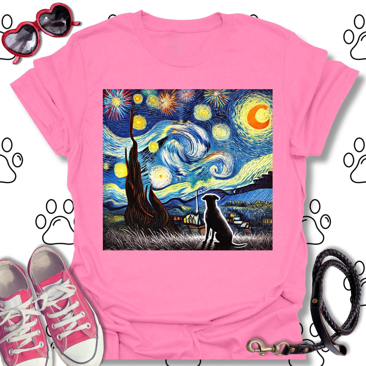 Starry Night Fireworks Dog Silhouette T-Shirt