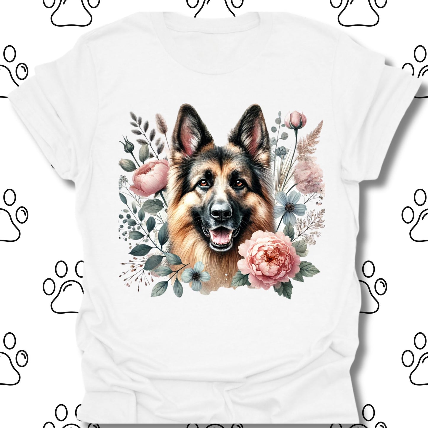 German Shepherd Floral Watercolor T-Shirt