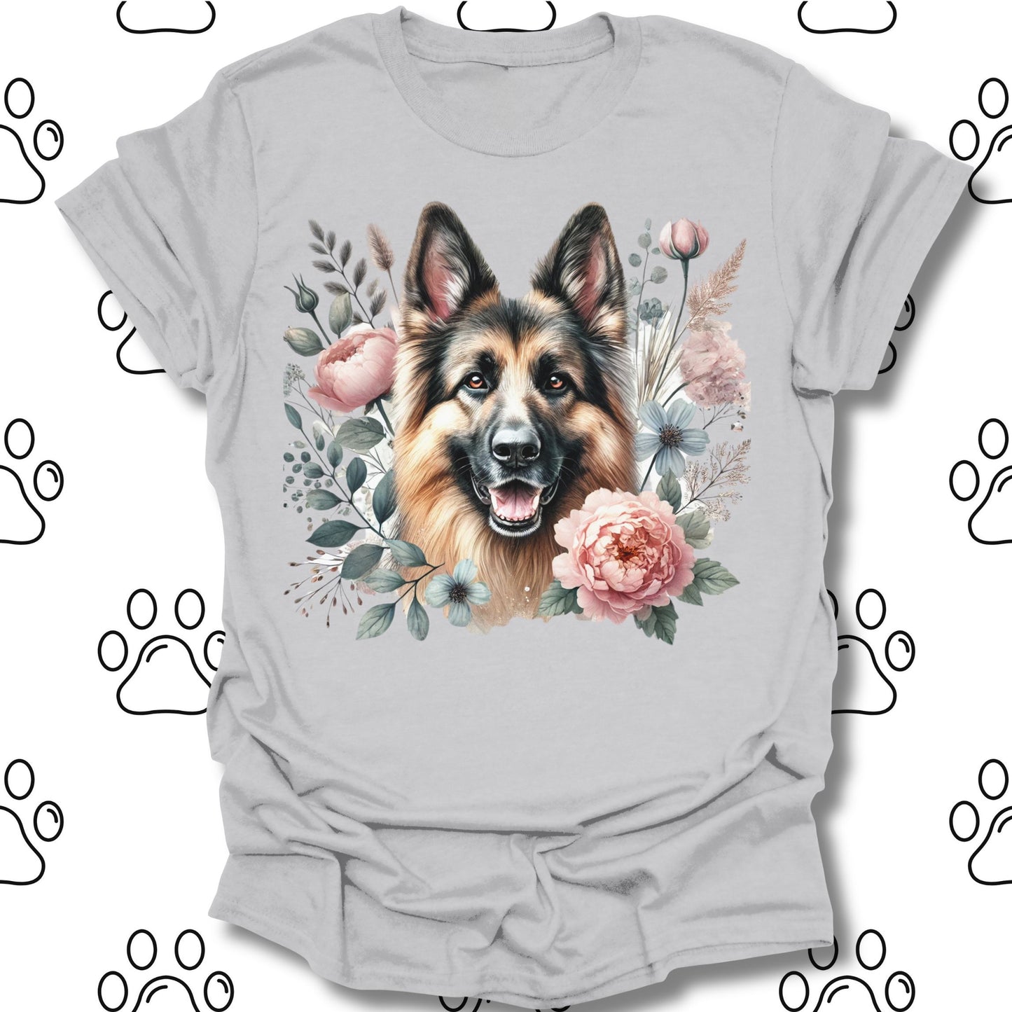 German Shepherd Floral Watercolor T-Shirt