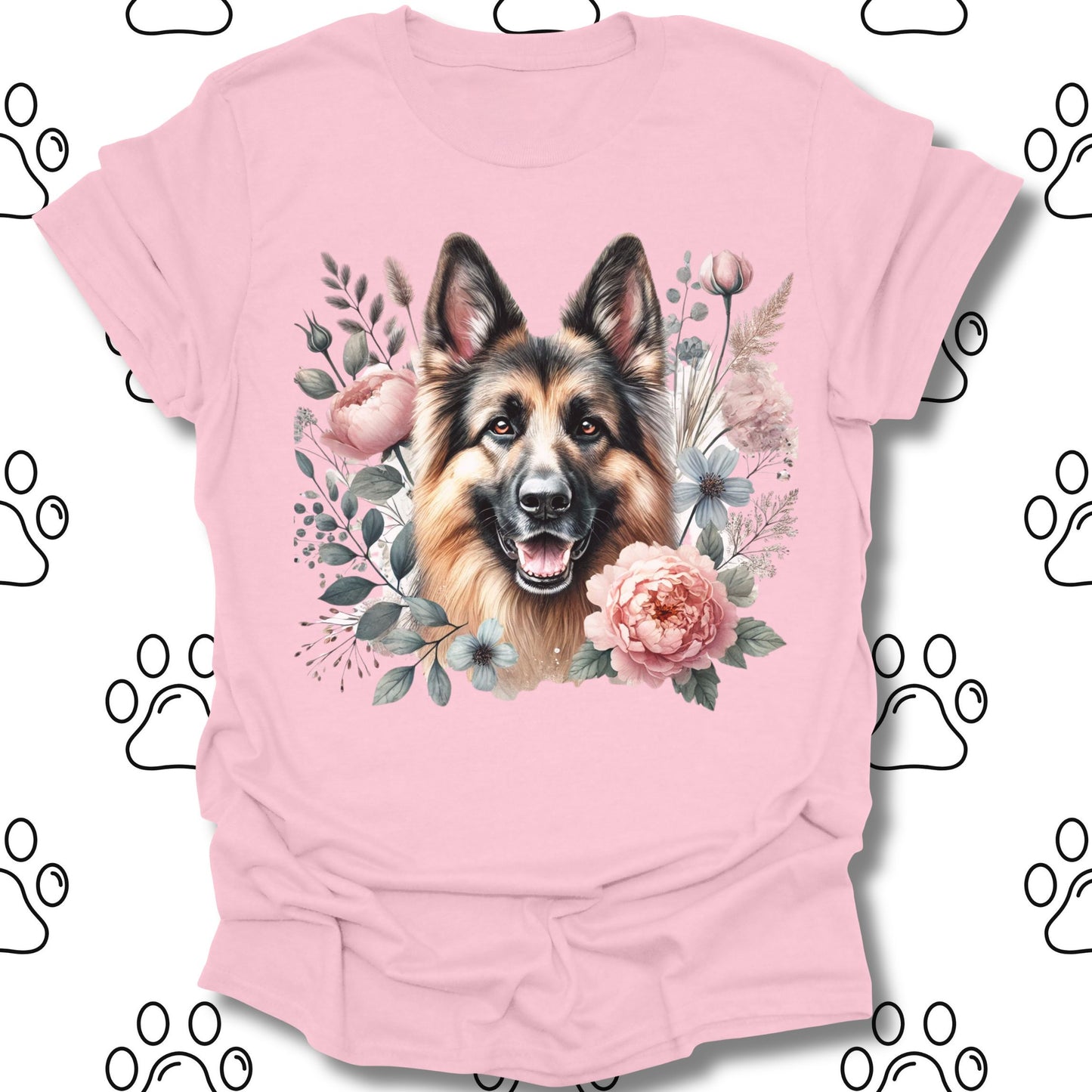 German Shepherd Floral Watercolor T-Shirt