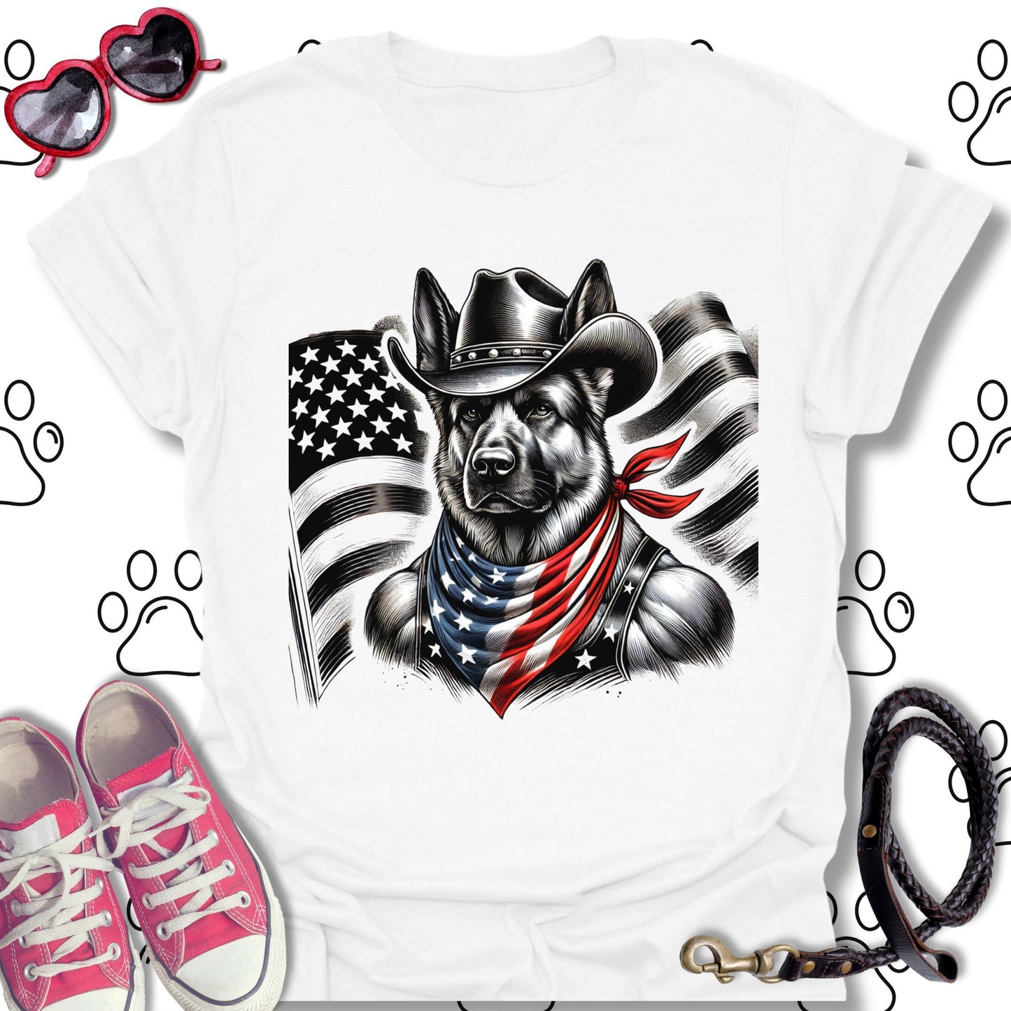 German Shepherd Cowboy US Flag T-Shirt