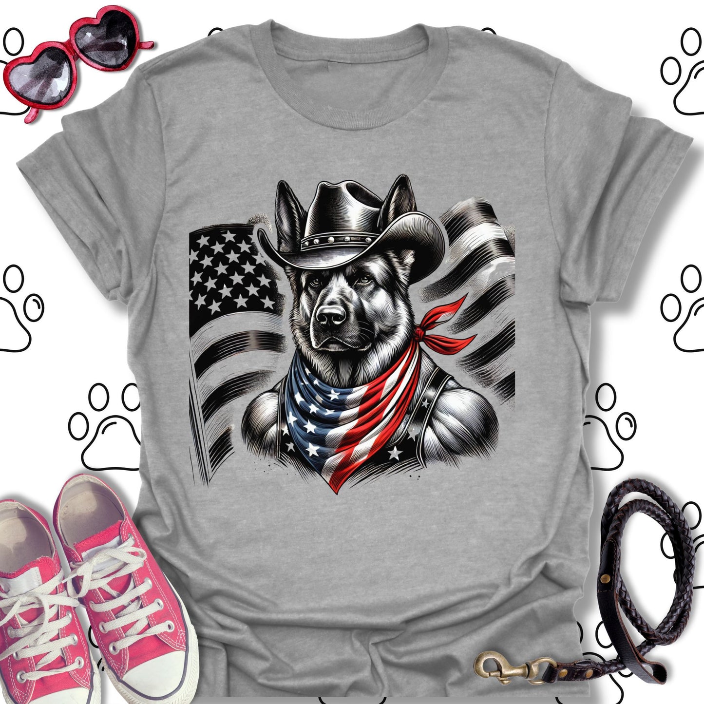 German Shepherd Cowboy US Flag T-Shirt