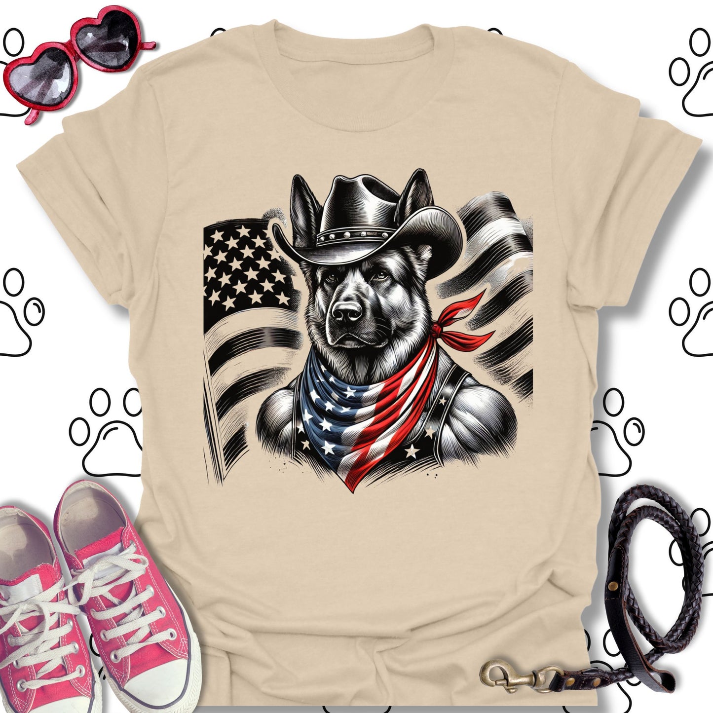 German Shepherd Cowboy US Flag T-Shirt