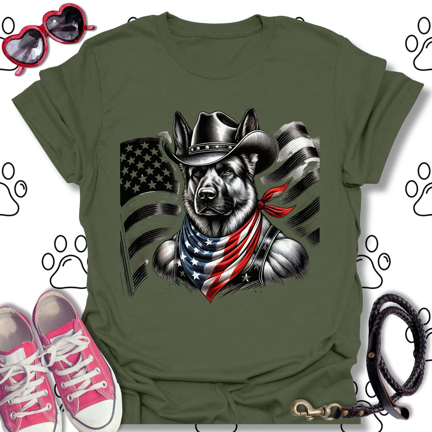 German Shepherd Cowboy US Flag T-Shirt