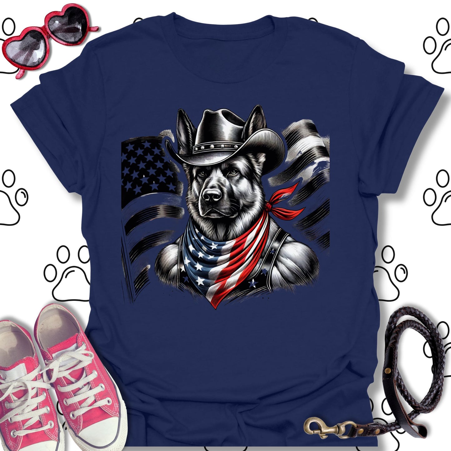 German Shepherd Cowboy US Flag T-Shirt