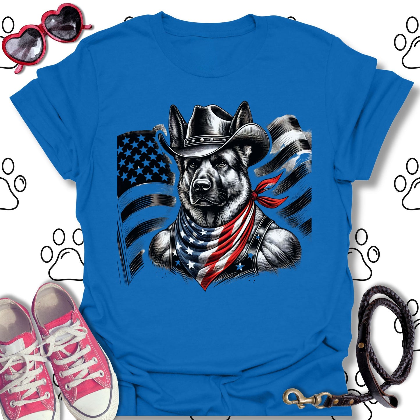 German Shepherd Cowboy US Flag T-Shirt