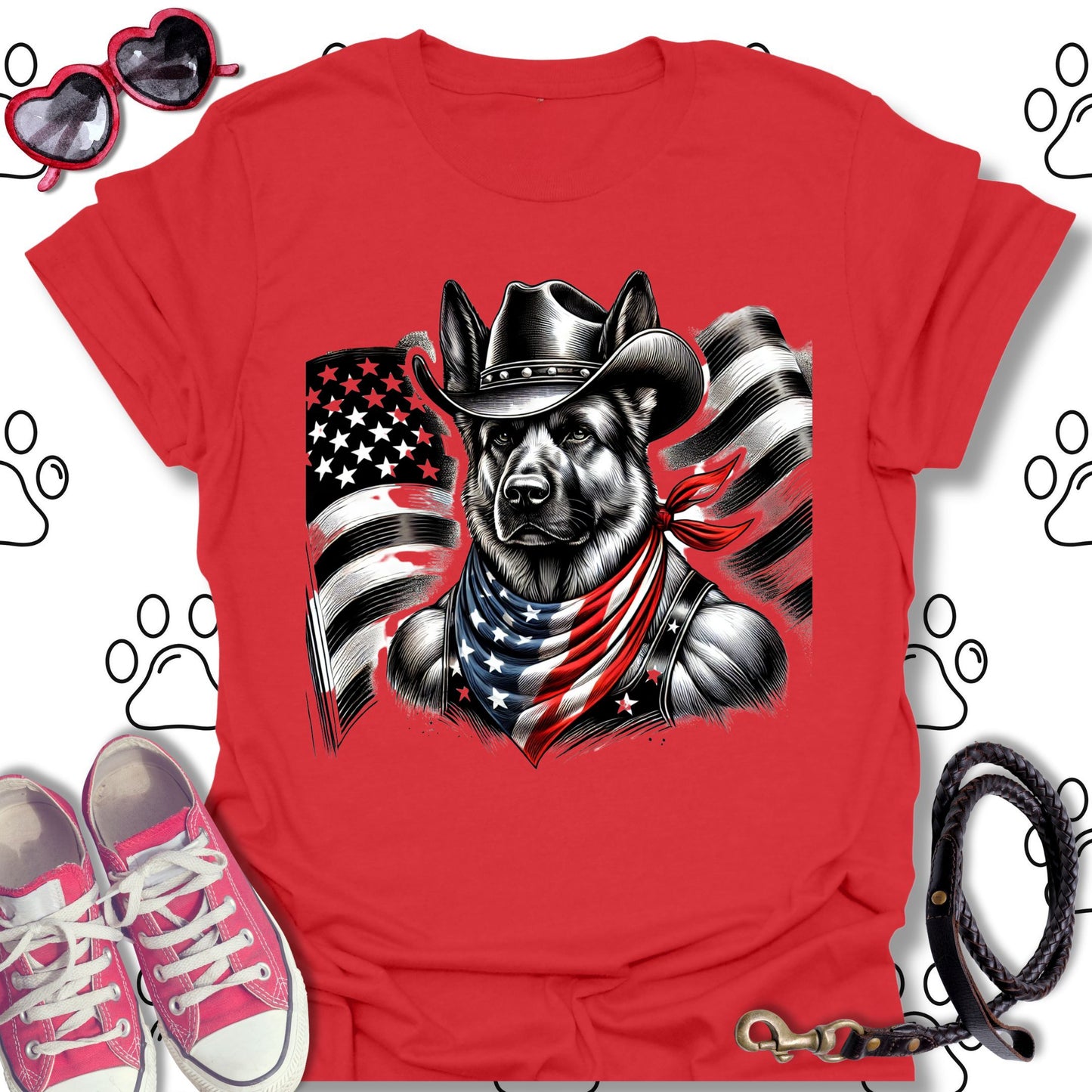 German Shepherd Cowboy US Flag T-Shirt