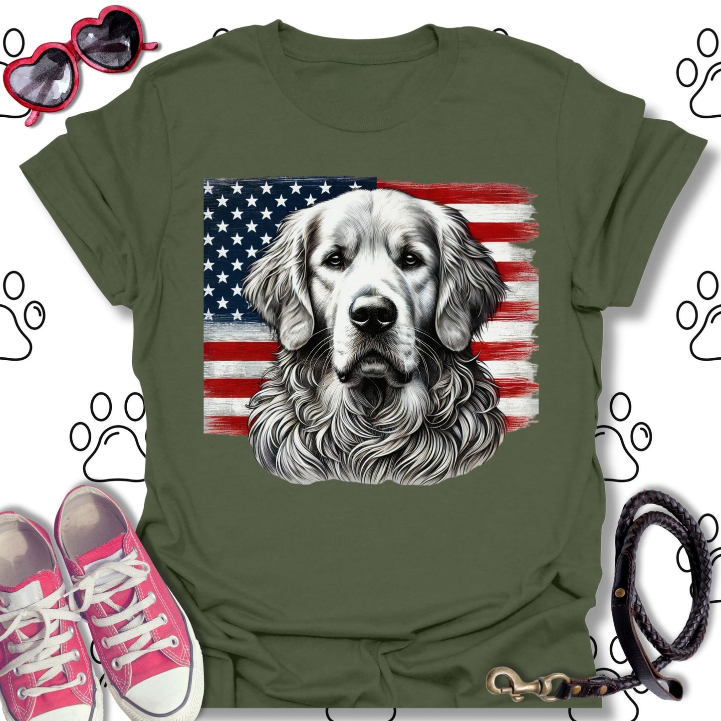 Golden Retriever Patriotic American Flag T-Shirt