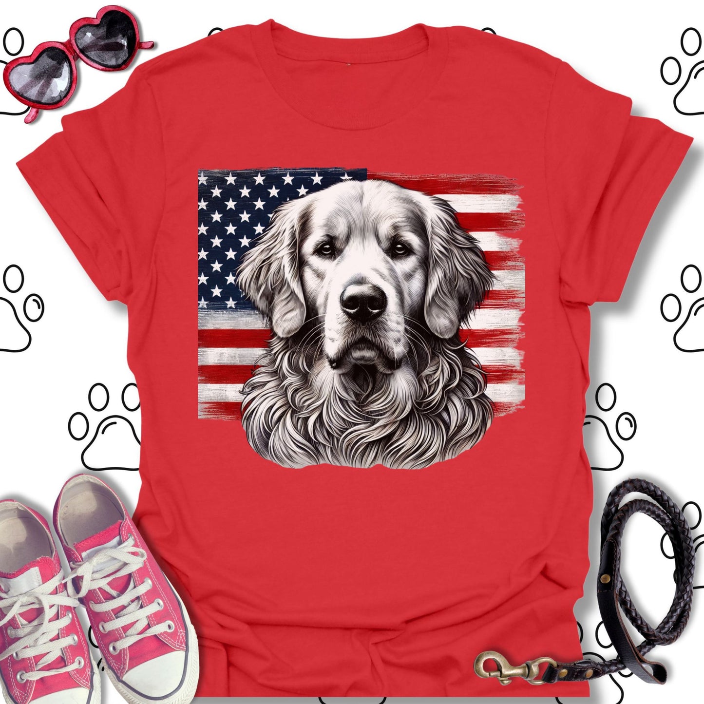 Golden Retriever Patriotic American Flag T-Shirt