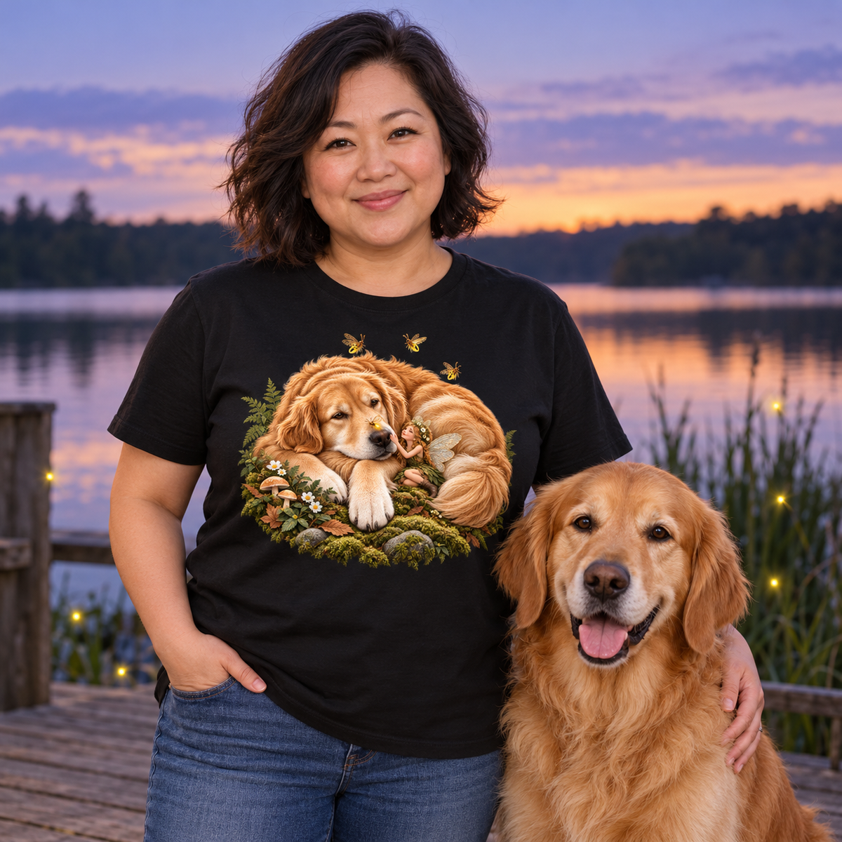 Golden Retriever and Fairy Fireflies T-Shirt