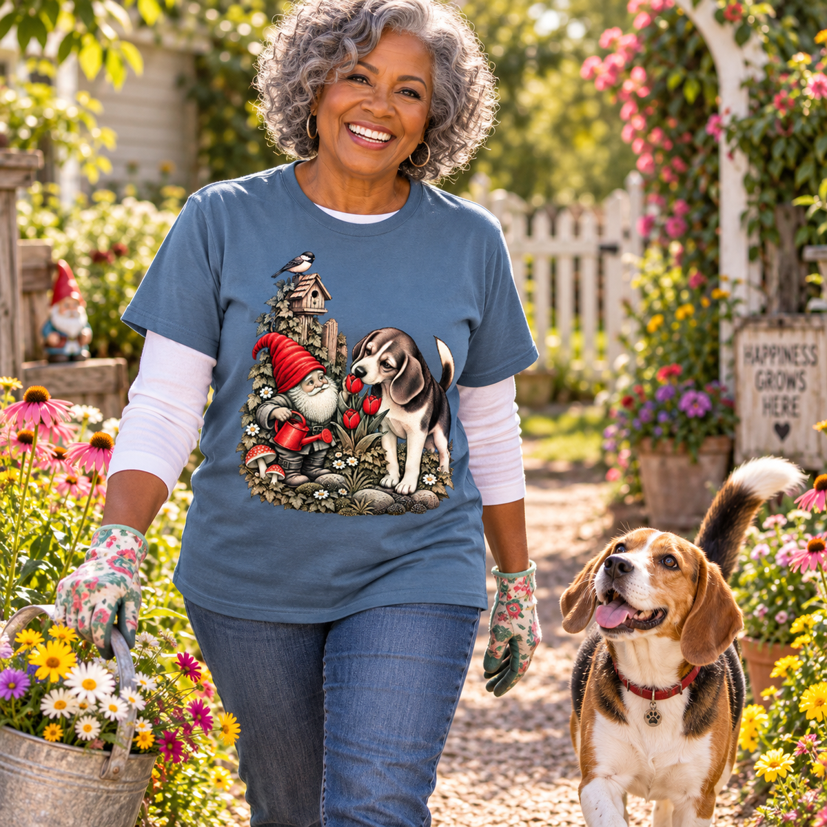 Garden Gnome Beagle Smelling Flowers T-Shirt