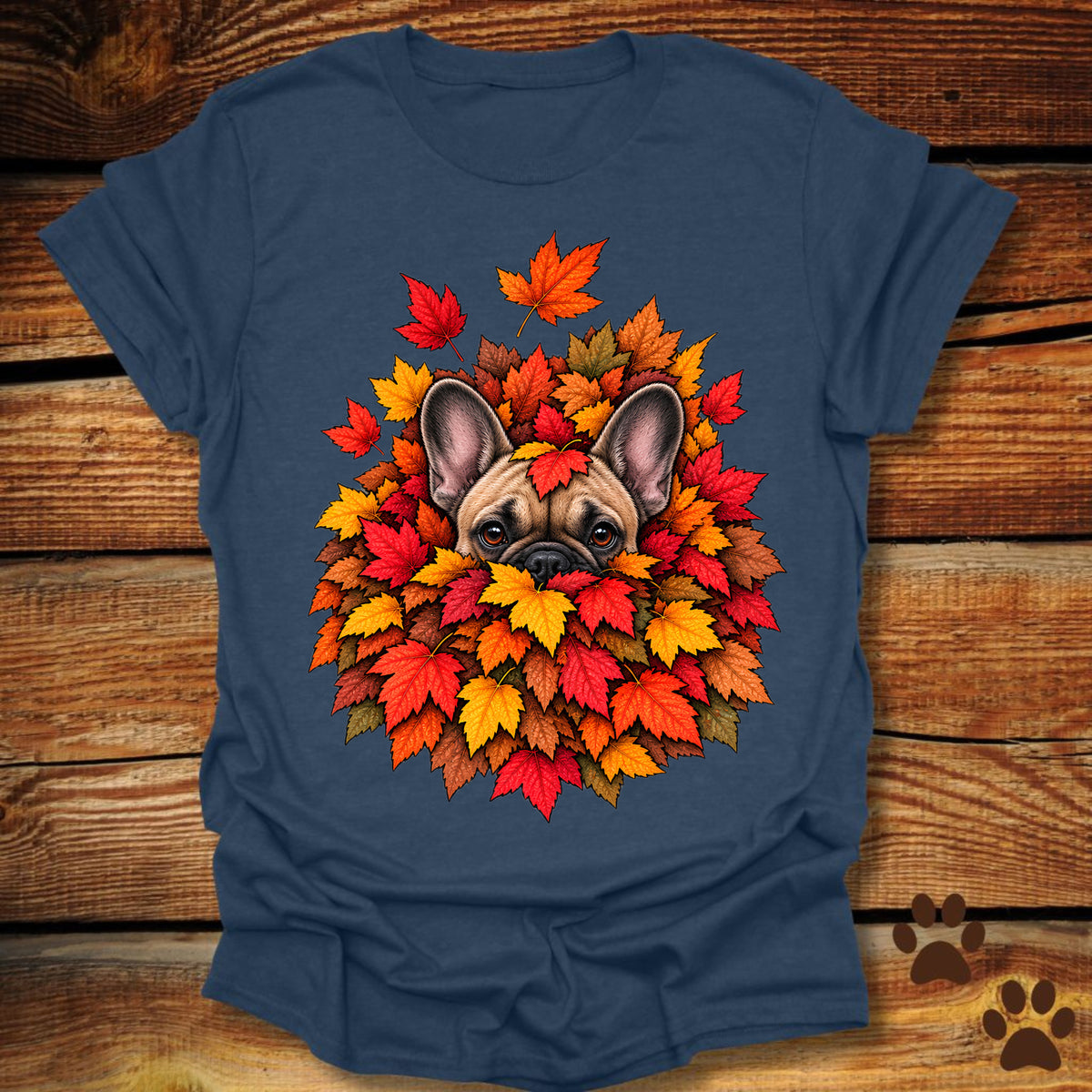 French (Frenchie) Bulldog Leaf Pile T-Shirt - Front and Back Print