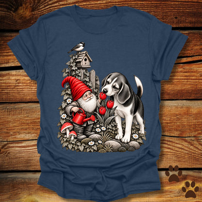 Garden Gnome Beagle Smelling Flowers T-Shirt
