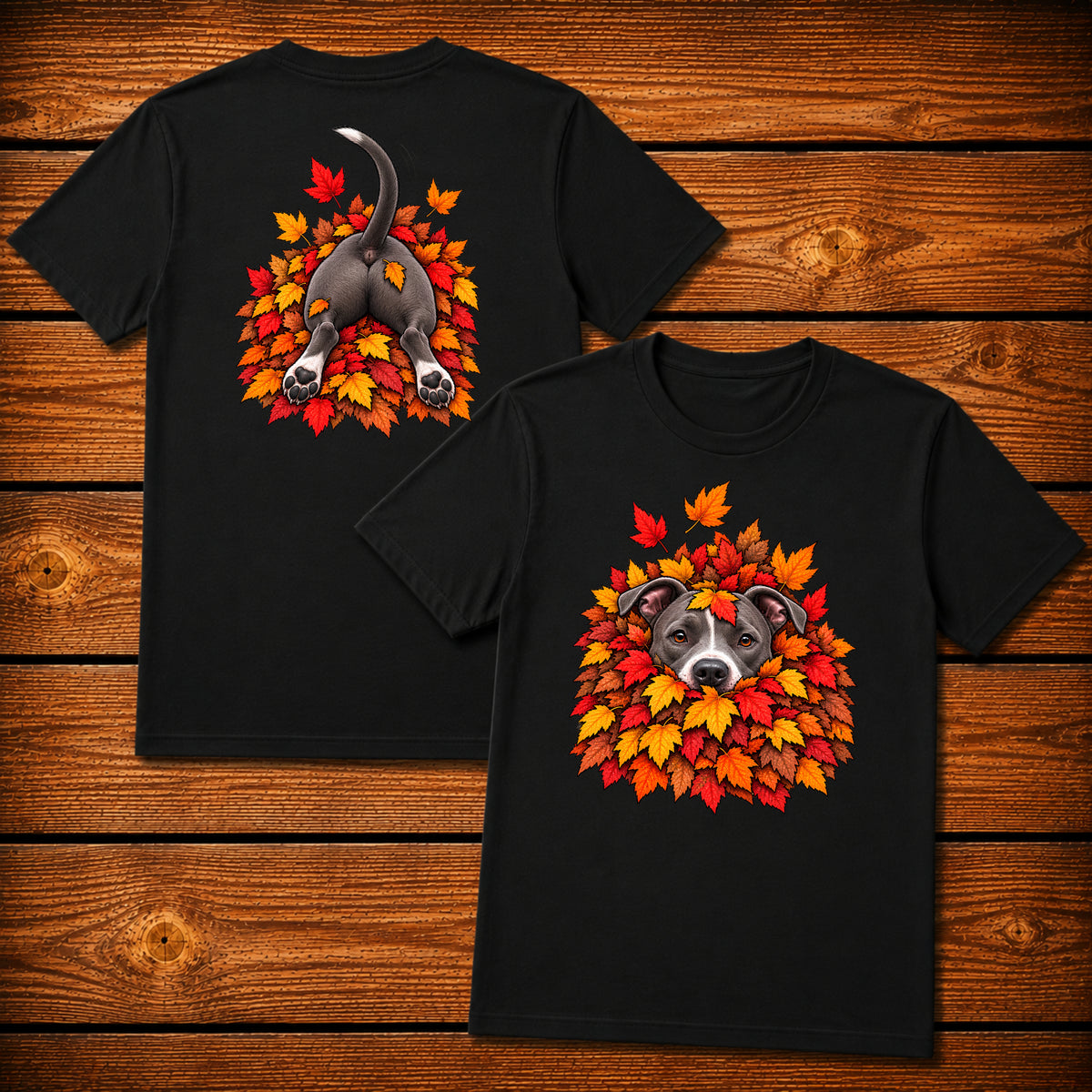 Pitbull Leaf Pile T-Shirt - Front & Back Print