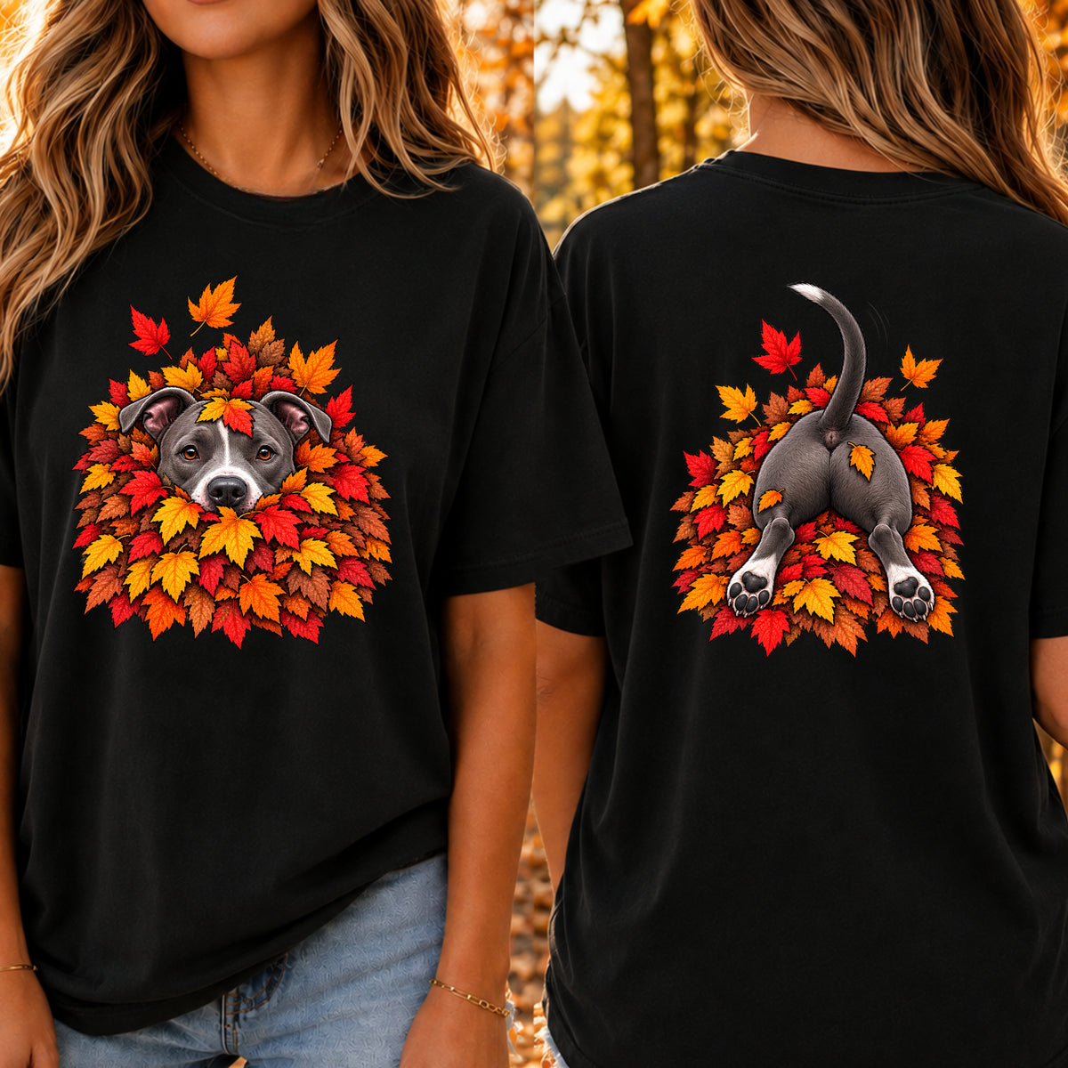 Pitbull Leaf Pile T-Shirt - Front & Back Print