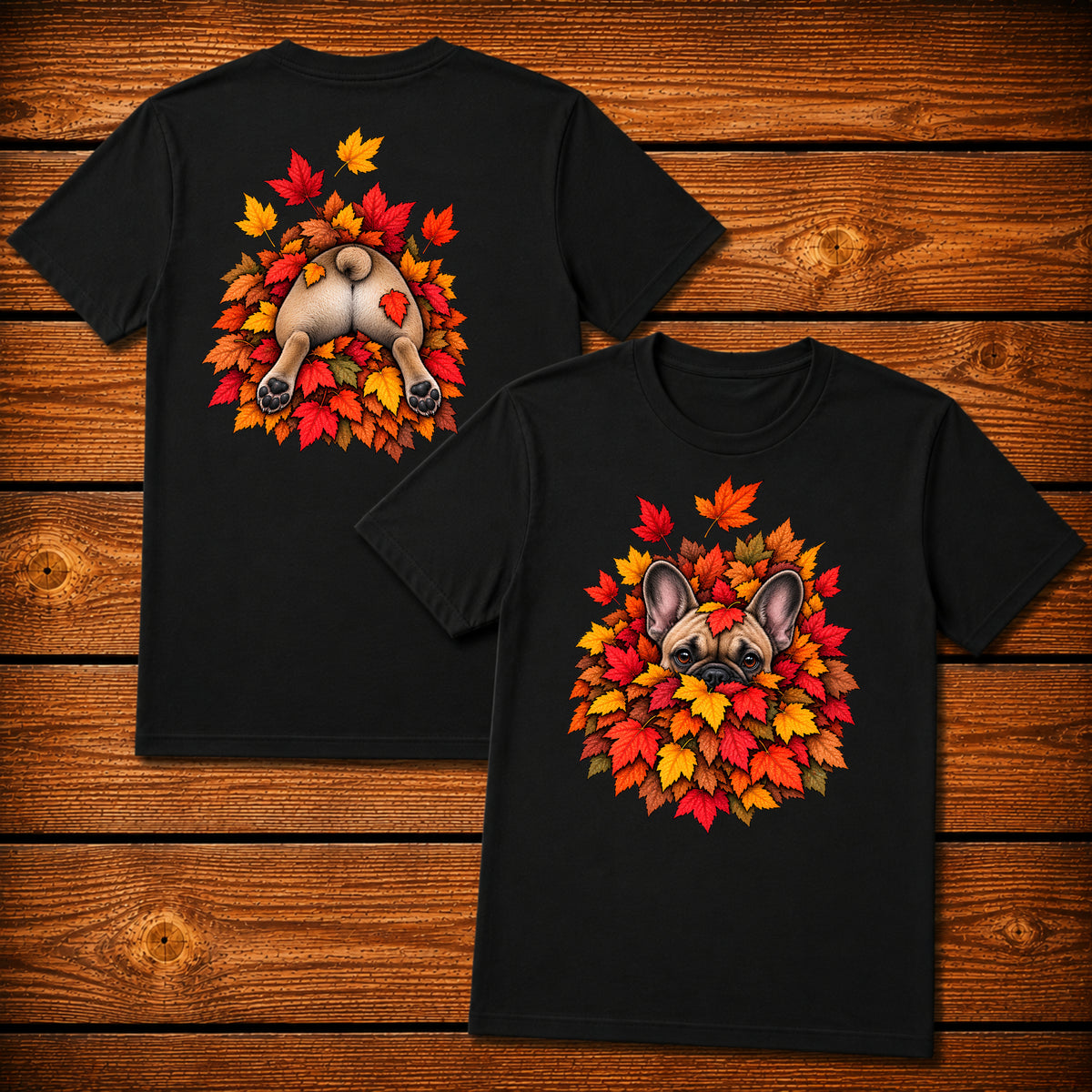 French (Frenchie) Bulldog Leaf Pile T-Shirt - Front and Back Print