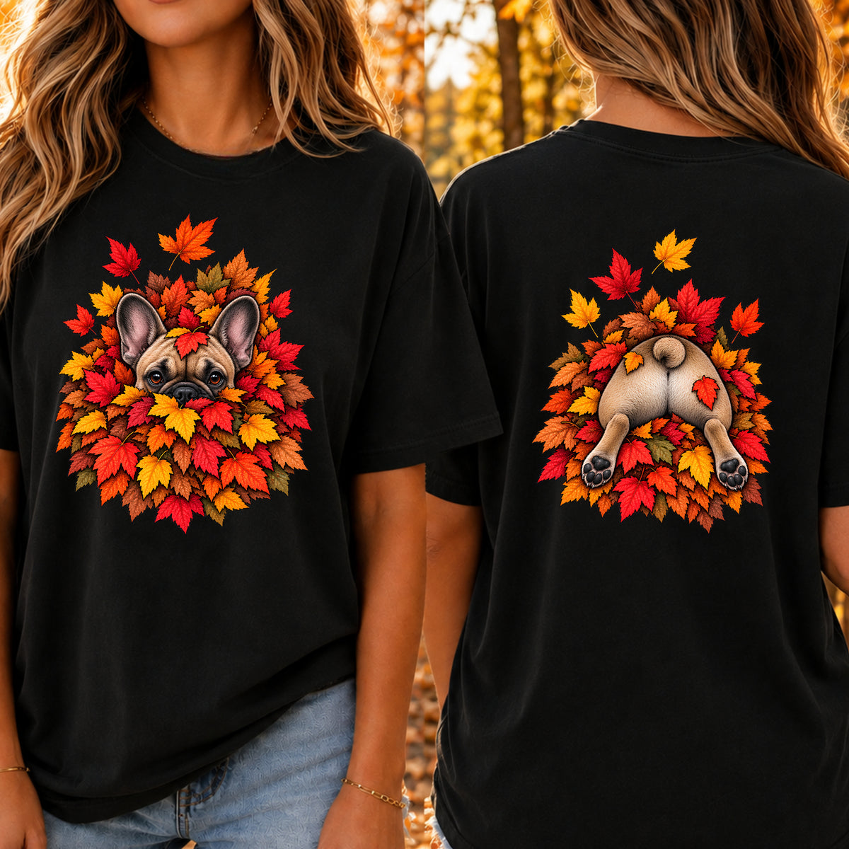 French (Frenchie) Bulldog Leaf Pile T-Shirt - Front and Back Print
