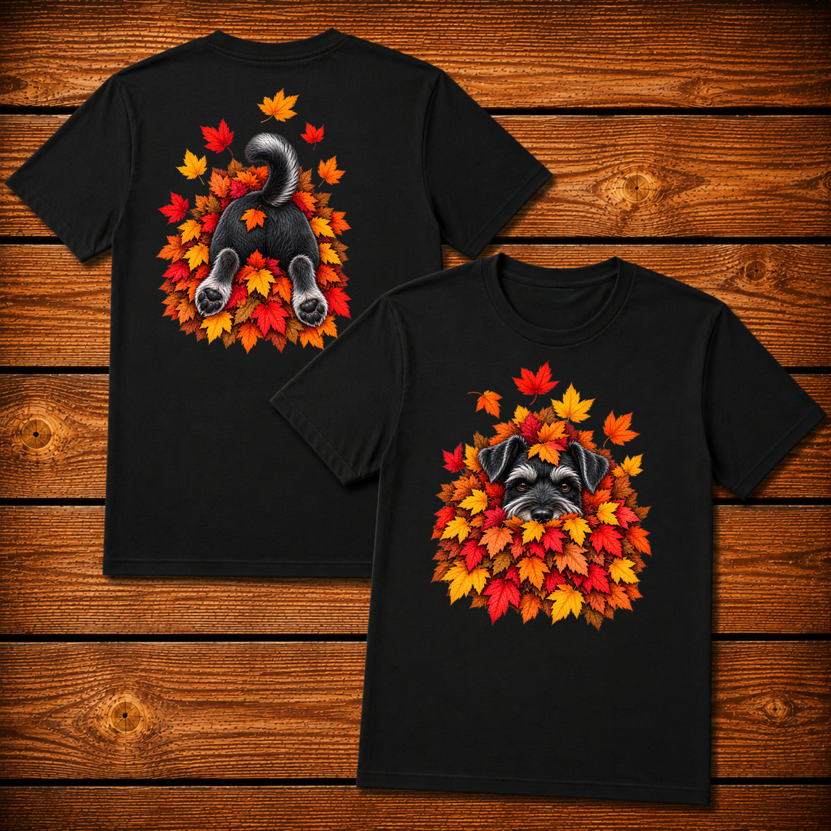 Schnauzer Leaf Pile T-Shirt - Front & Back Print