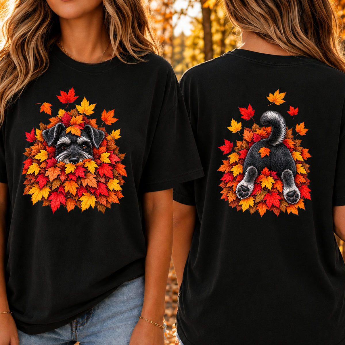 Schnauzer Leaf Pile T-Shirt - Front & Back Print