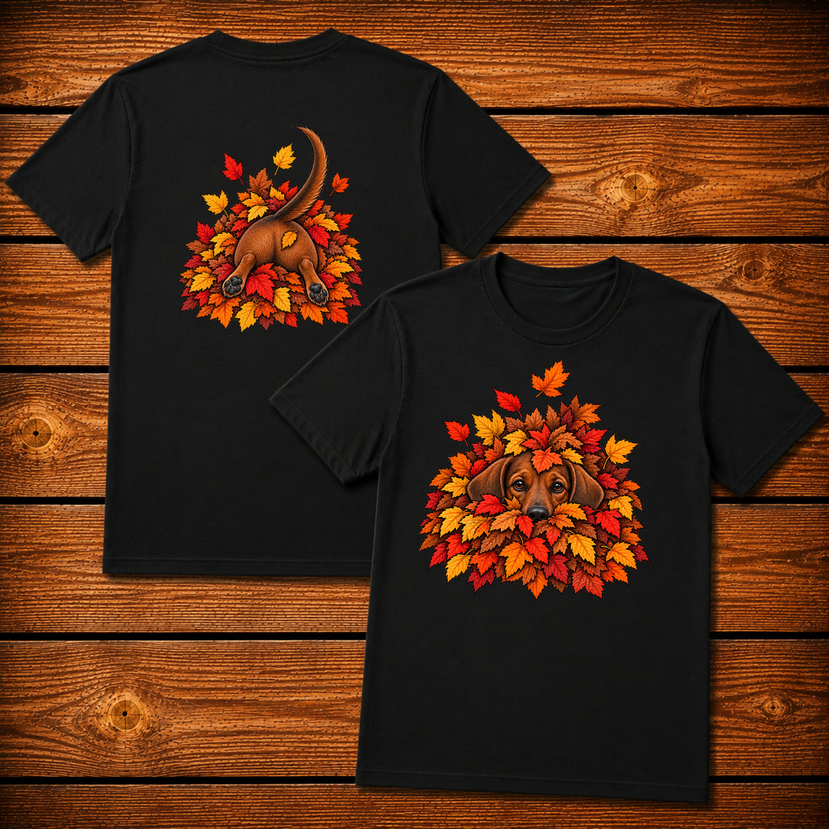 Dachshund Leaf Pile T-Shirt - Front & Back Print