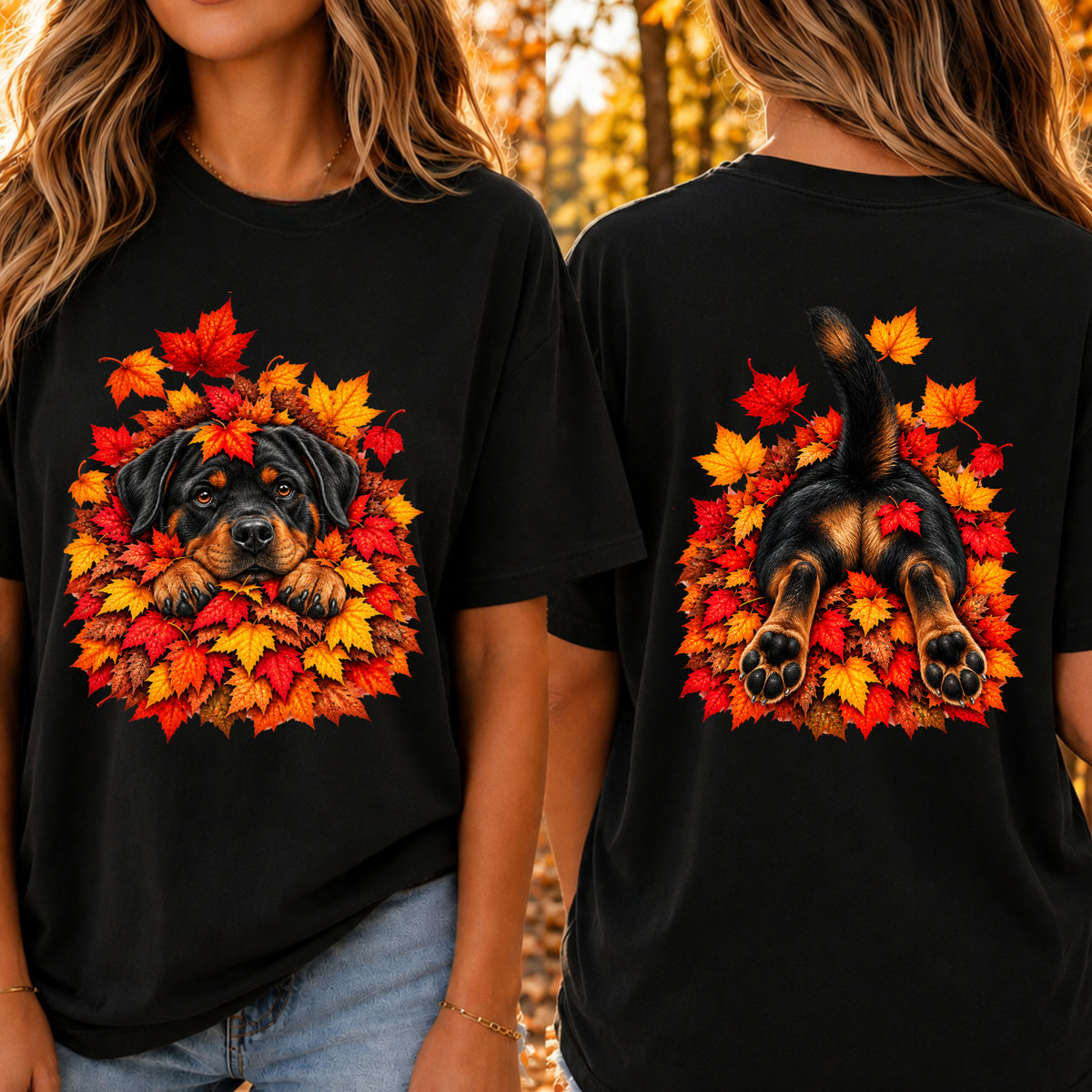 Rottweiler Leaf Pile T-Shirt - Front & Back Print