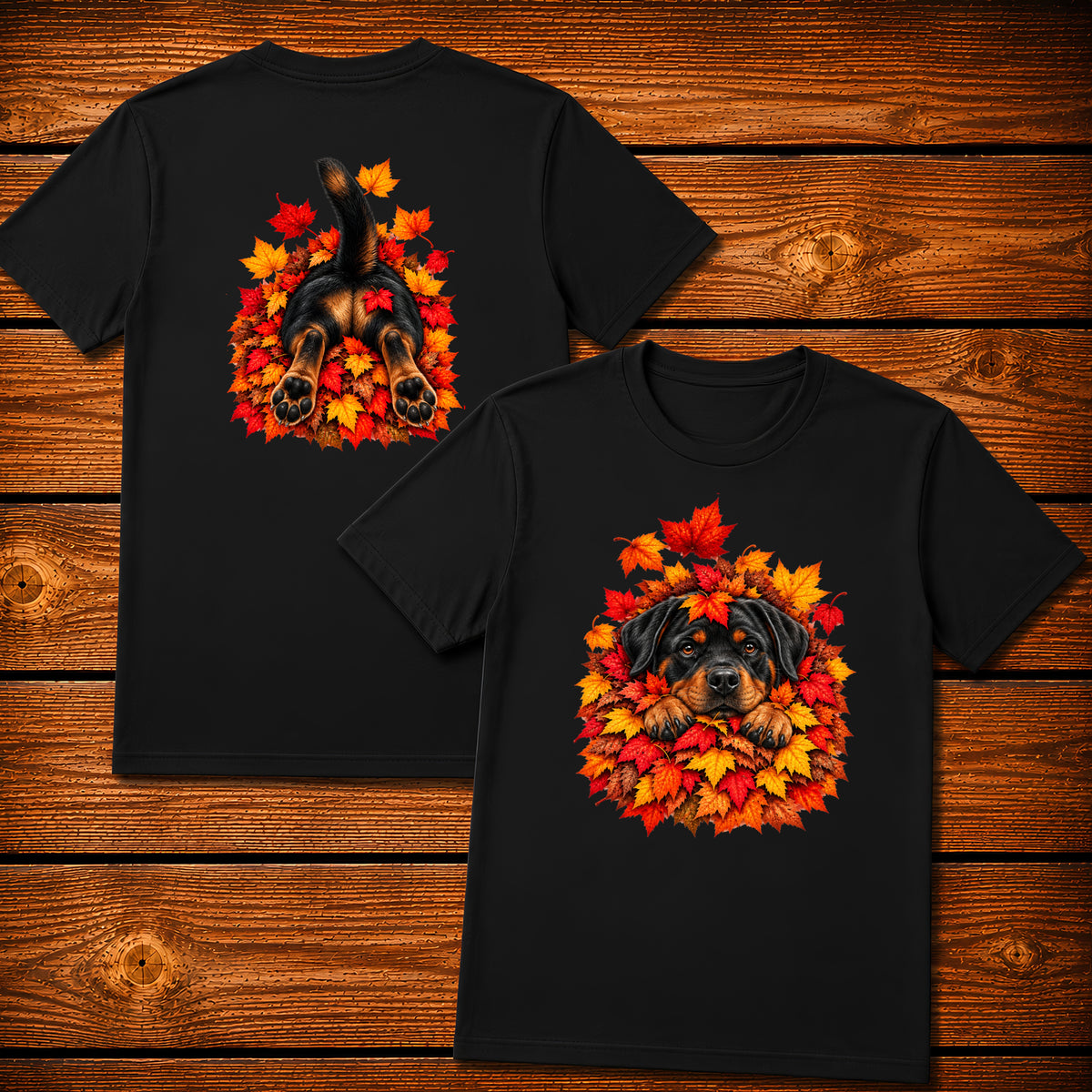 Rottweiler Leaf Pile T-Shirt - Front & Back Print