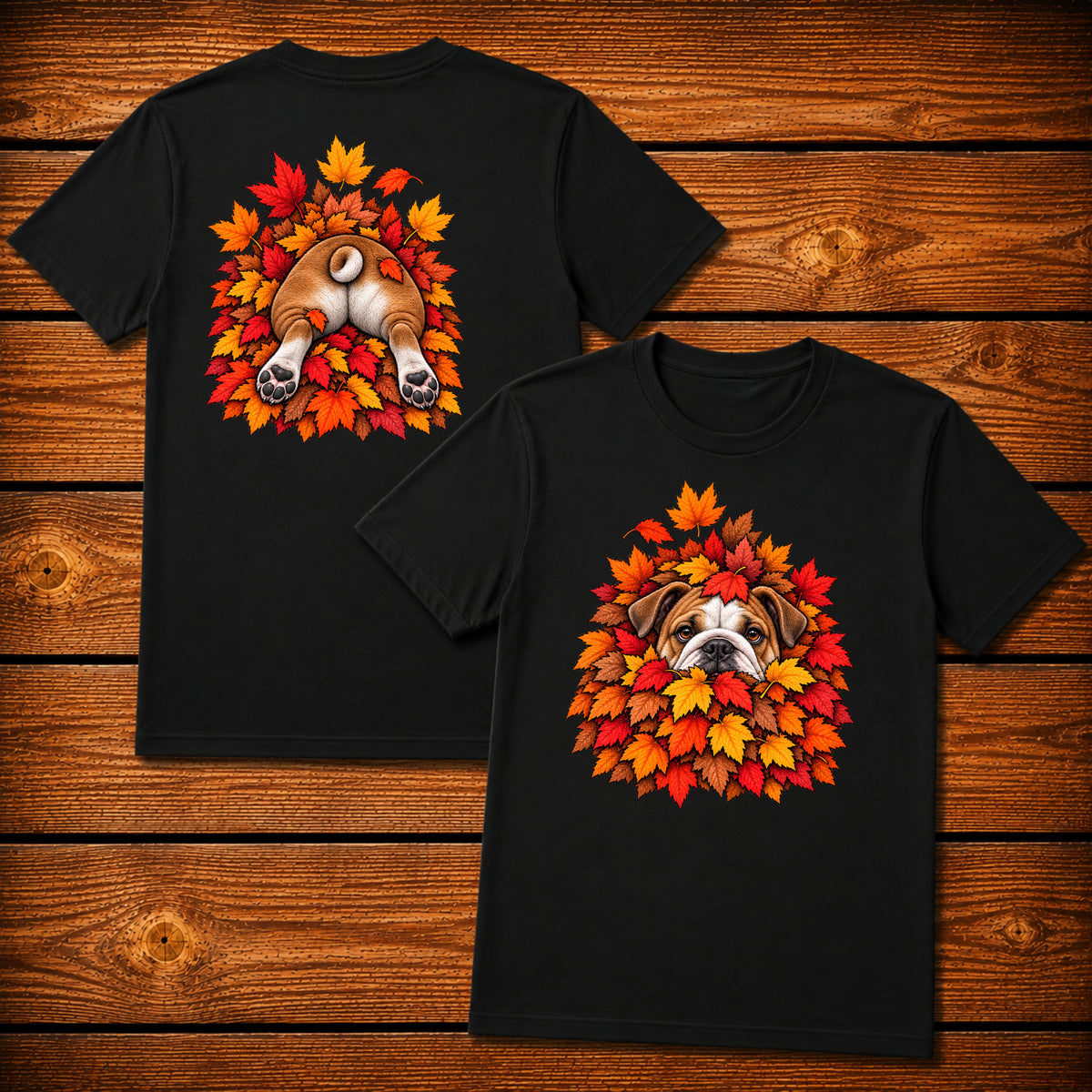Bulldog Leaf Pile T-Shirt - Front & Back Print