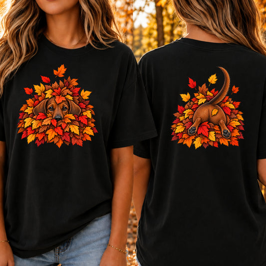 Dachshund Leaf Pile T-Shirt - Front & Back Print