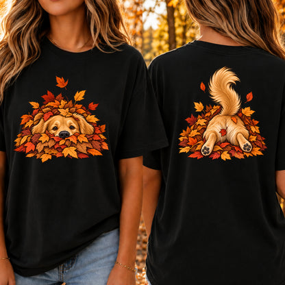 Golden Retriever Leaf Pile T-Shirt - Front & Back Print