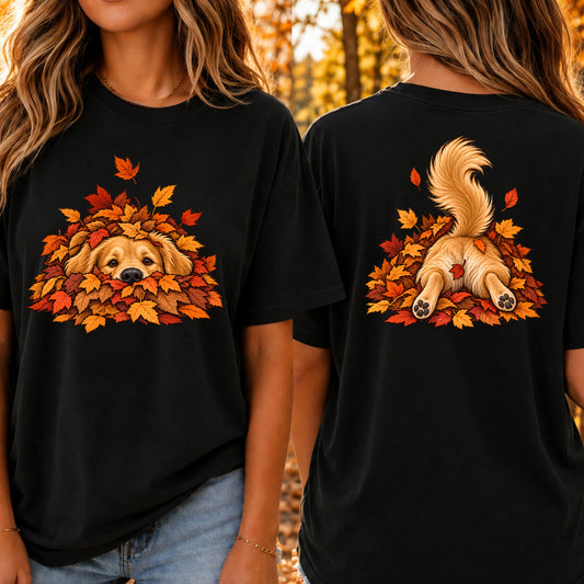 Golden Retriever Leaf Pile T-Shirt - Front & Back Print