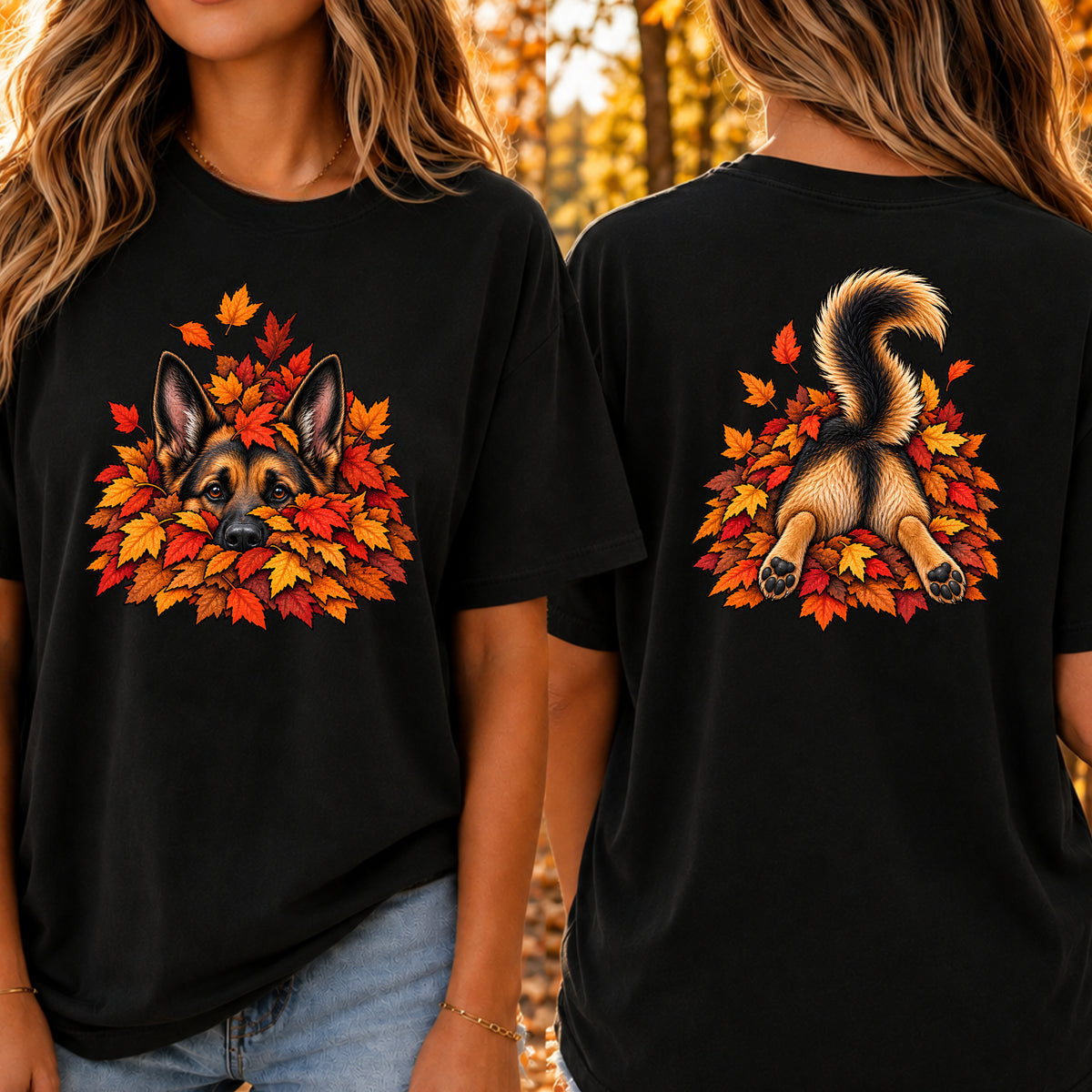 German Shepherd Leaf Pile T-Shirt - Front & Back Print