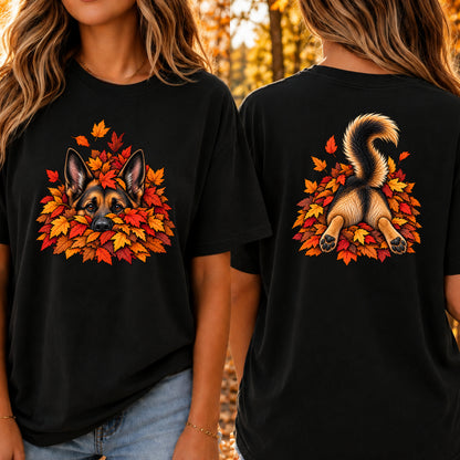 German Shepherd Leaf Pile T-Shirt - Front & Back Print